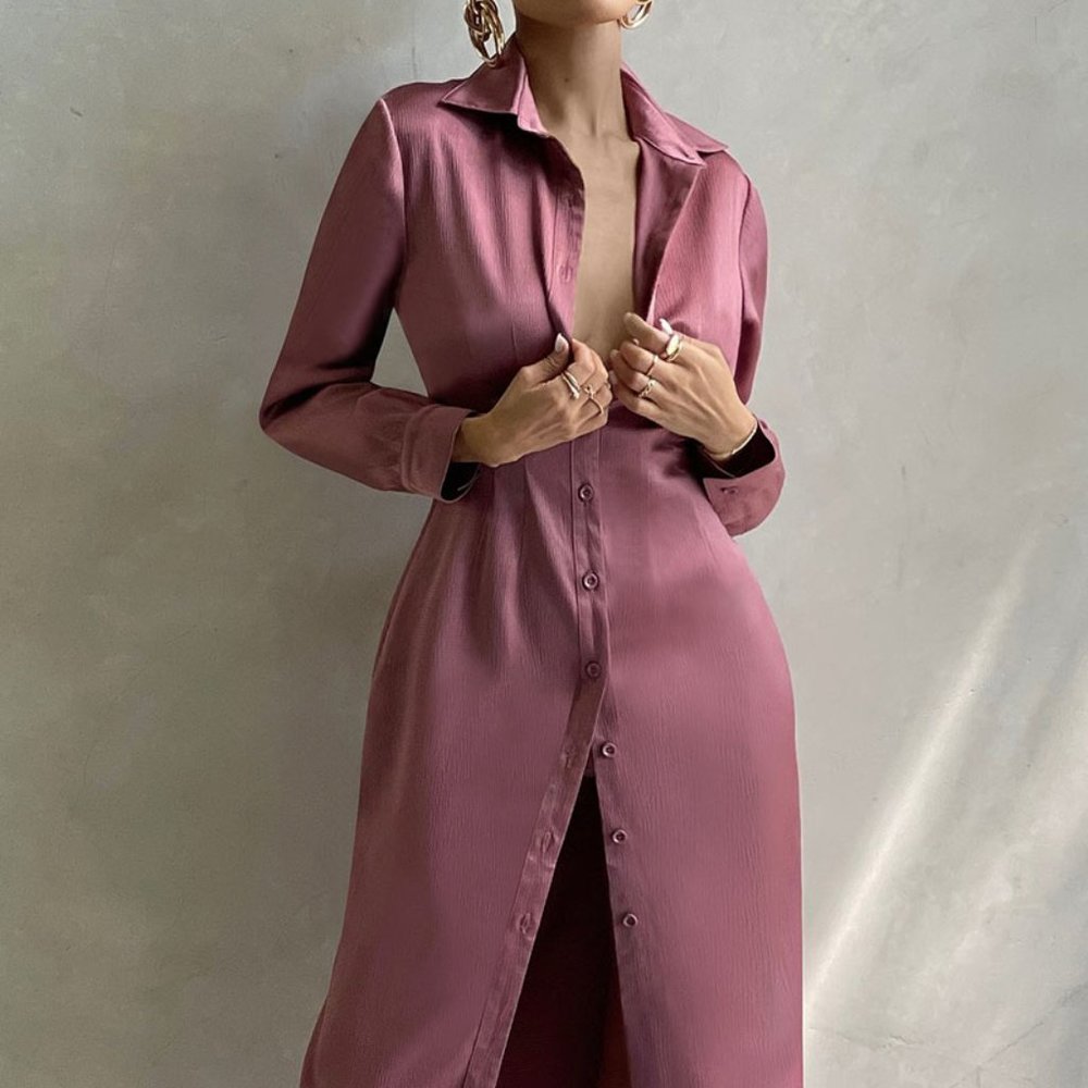 Solid Button Up Longline Satin Shirt Dress